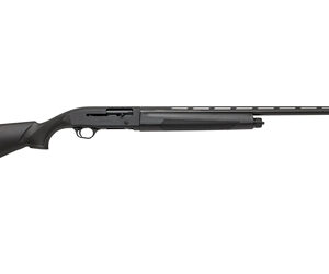 Black shotgun with a long barrel and stock.