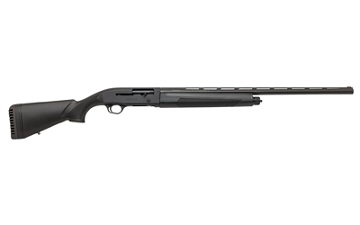 Black shotgun with a long barrel and stock.