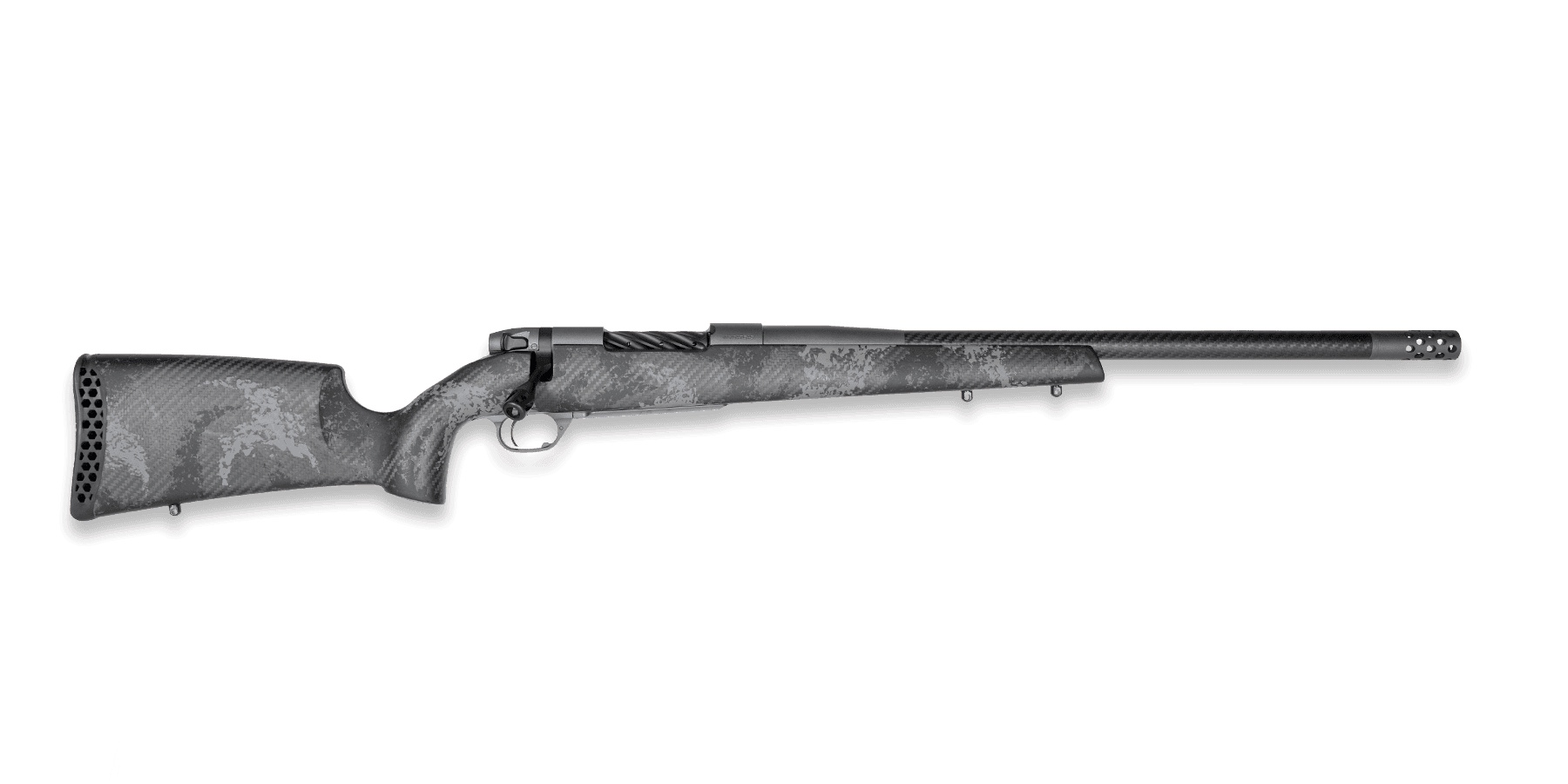 Gray camo bolt-action rifle on white background