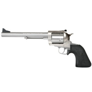 Silver revolver with black grip on white background