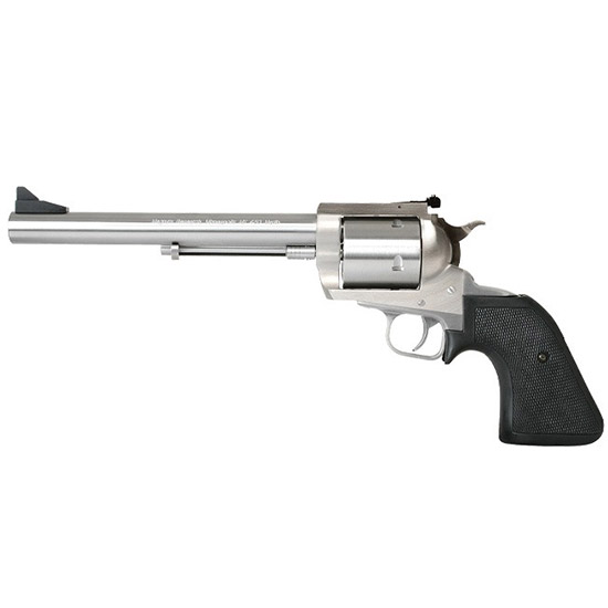 Silver revolver with black grip on white background