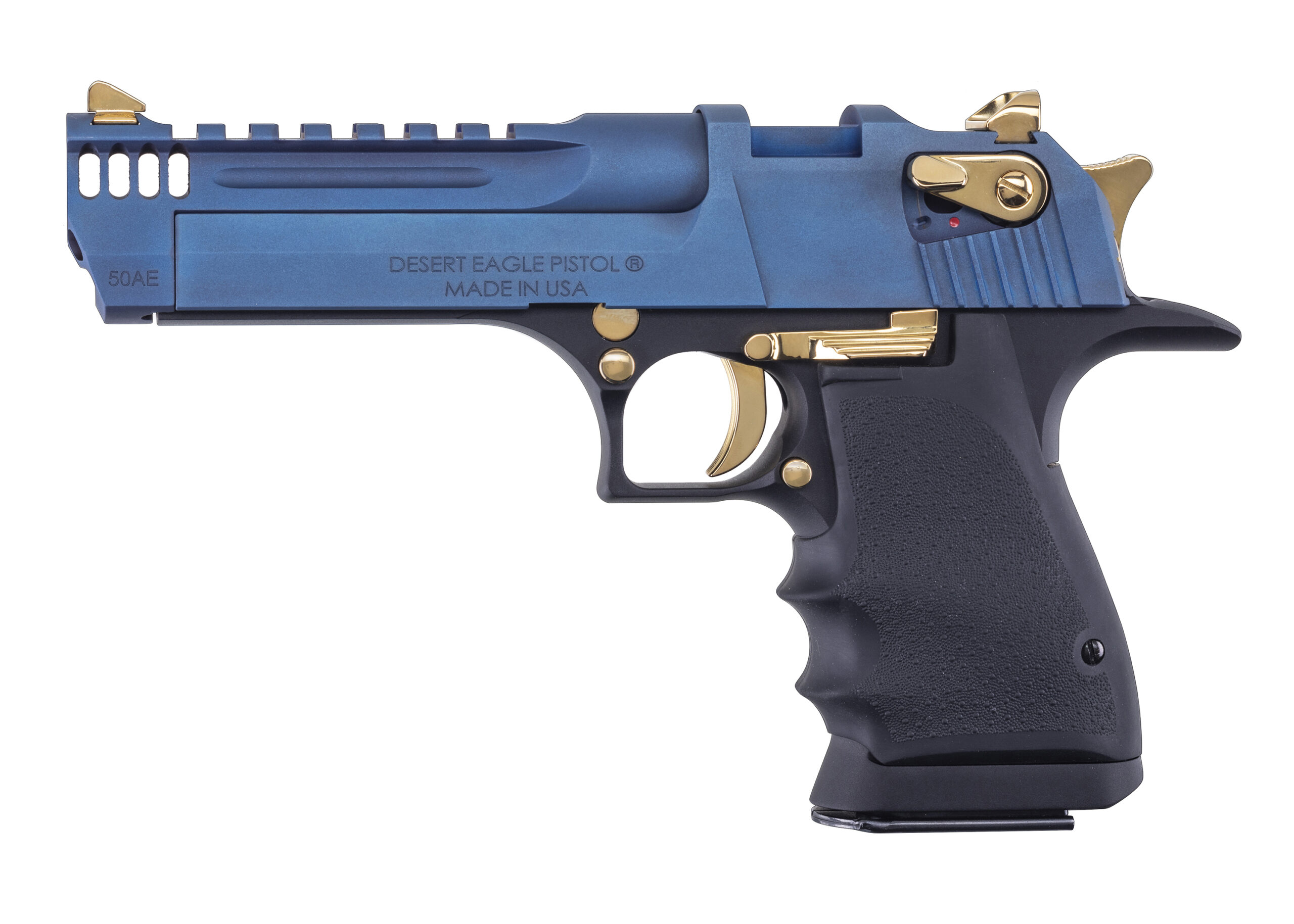 Blue and gold Desert Eagle pistol side view