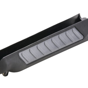 Black firearm slide with textured grip surface.
