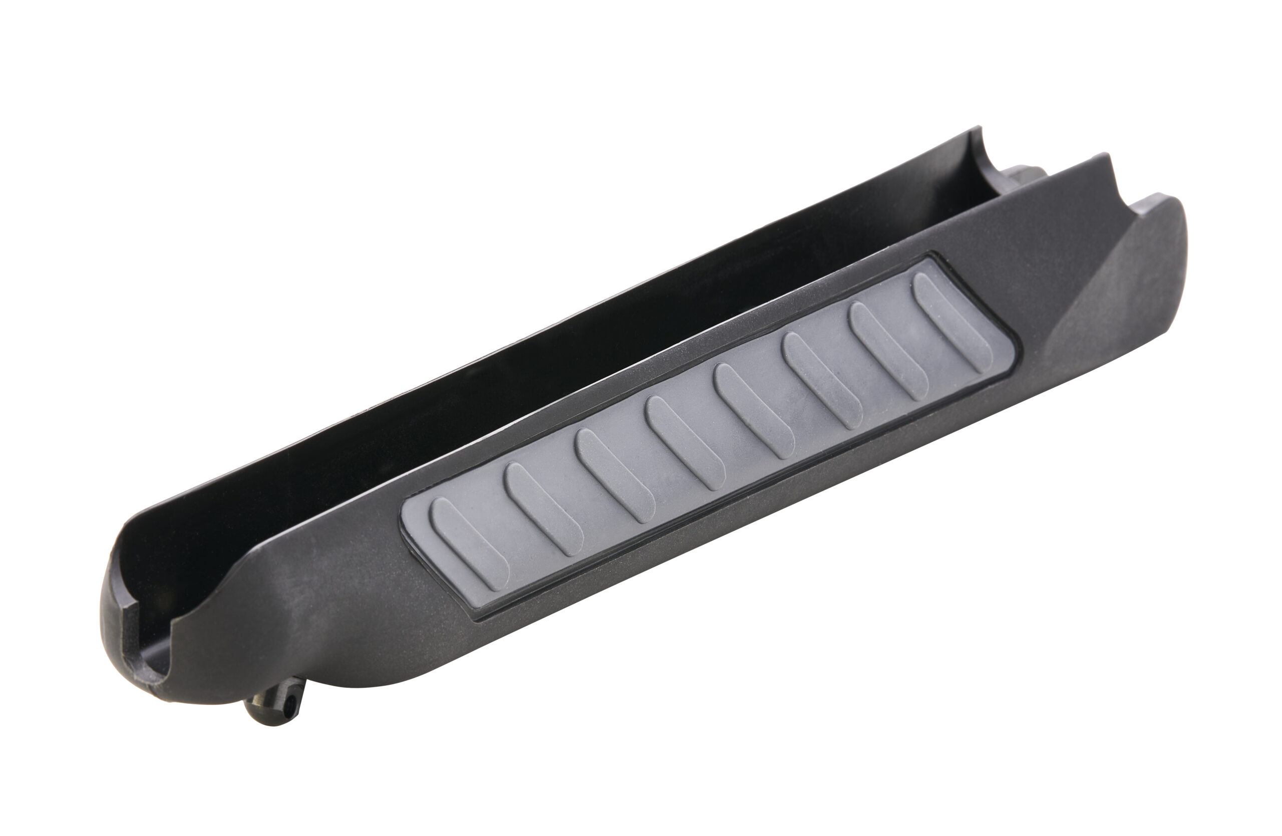 Black firearm slide with textured grip surface.