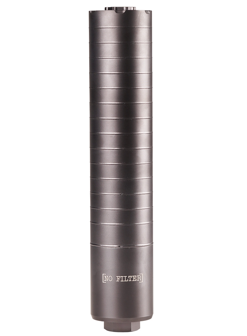 Black cylindrical metal suppressor with ridged body