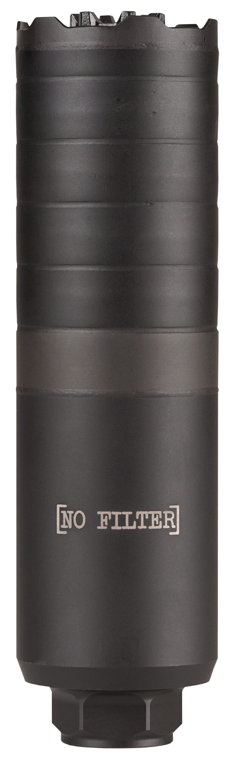 Black cylindrical metal drill bit with toothed edge