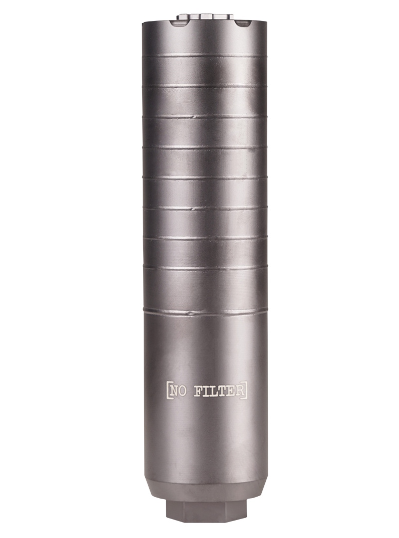 Metal firearm suppressor with "No Filter" engraving