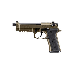 Side view of a tactical handgun in olive drab.