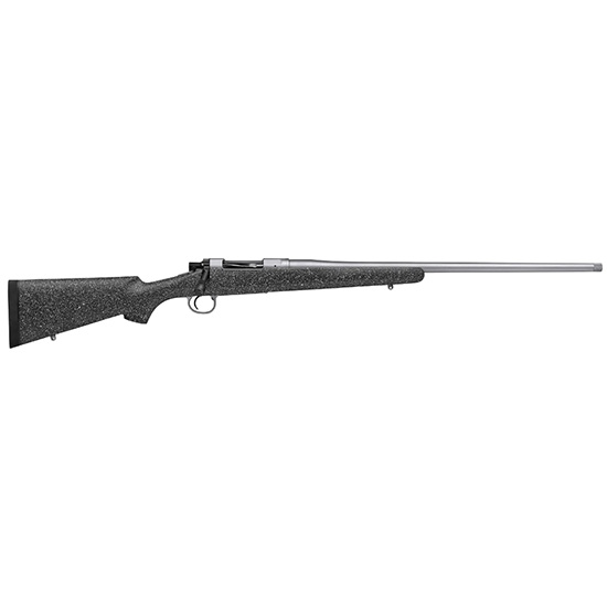 Bolt-action rifle with synthetic stock on white background