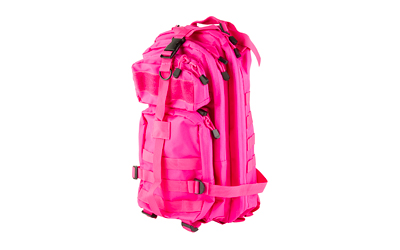 Bright pink tactical backpack on white background