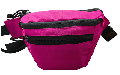 Bright pink waist bag with black zippers