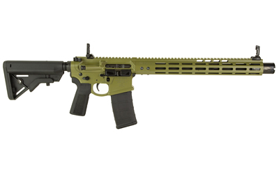 Green tactical rifle with adjustable stock.