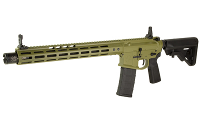 Olive green modern rifle with tactical features.