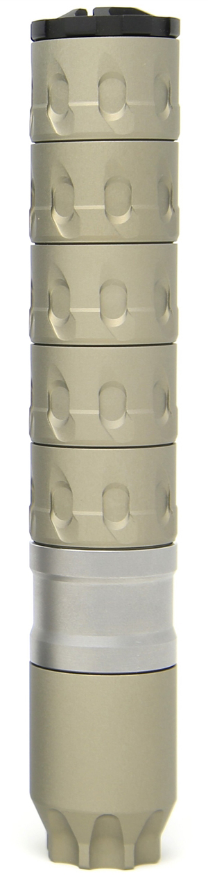 Tan cylindrical metal device with textured grip