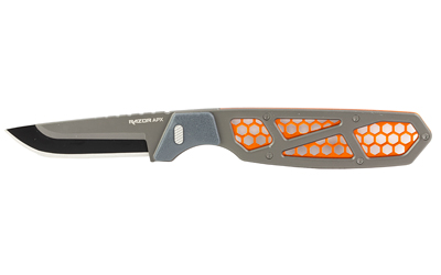Black fixed-blade knife with gray and orange handle
