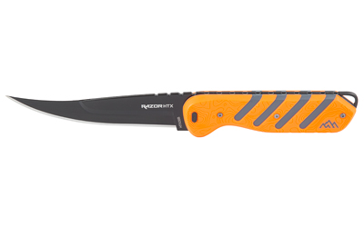 Orange and black folding knife with curved blade