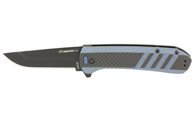 Black folding pocket knife with gray handle