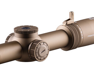 Tan tactical rifle scope with adjustment turrets