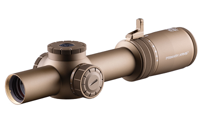 Tan tactical rifle scope with adjustment turrets