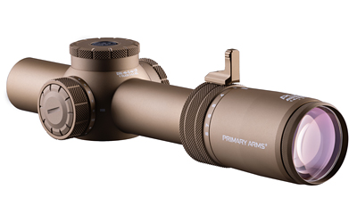 Tan tactical rifle scope with adjustment turrets