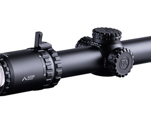 Black tactical rifle scope with adjustment turrets