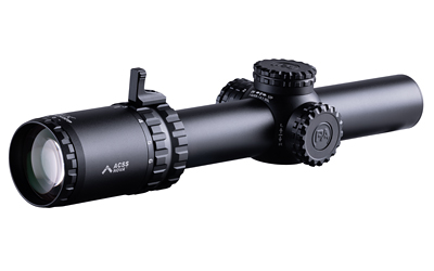 Black tactical rifle scope with adjustment turrets