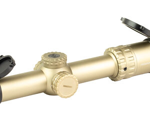 Tan rifle scope with flip-up lens covers