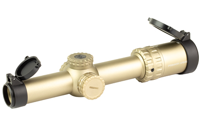 Tan rifle scope with flip-up lens covers