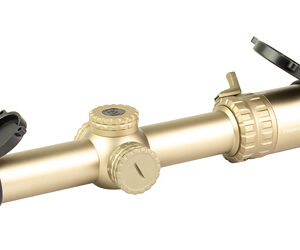 Tan rifle scope with flip-up lens covers