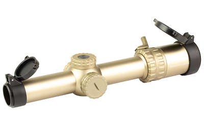 Tan rifle scope with flip-up lens covers