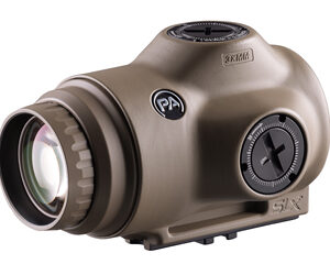 Tan compact rifle optic with adjustment knobs