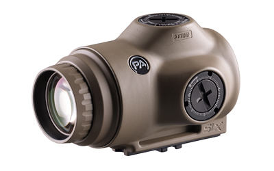 Tan compact rifle optic with adjustment knobs