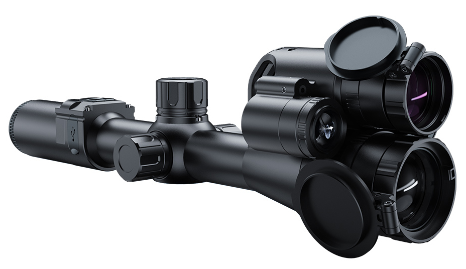 Black rifle scope with mounted night vision optic