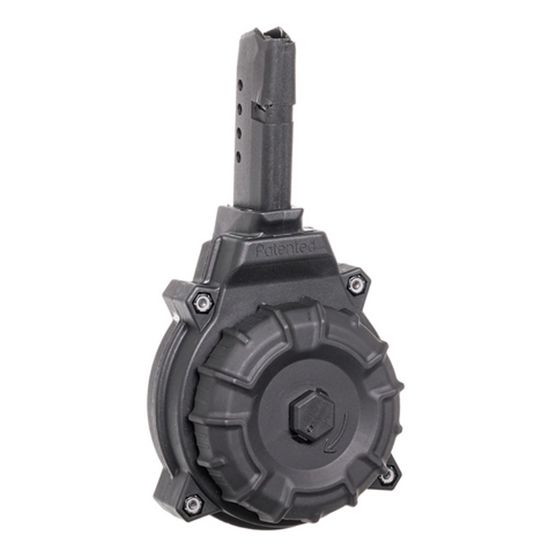 Black drum magazine with extended pistol magazine