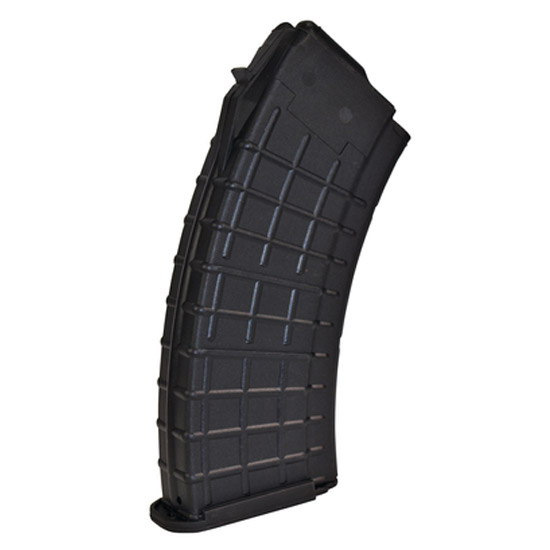 Black curved rifle magazine on white background