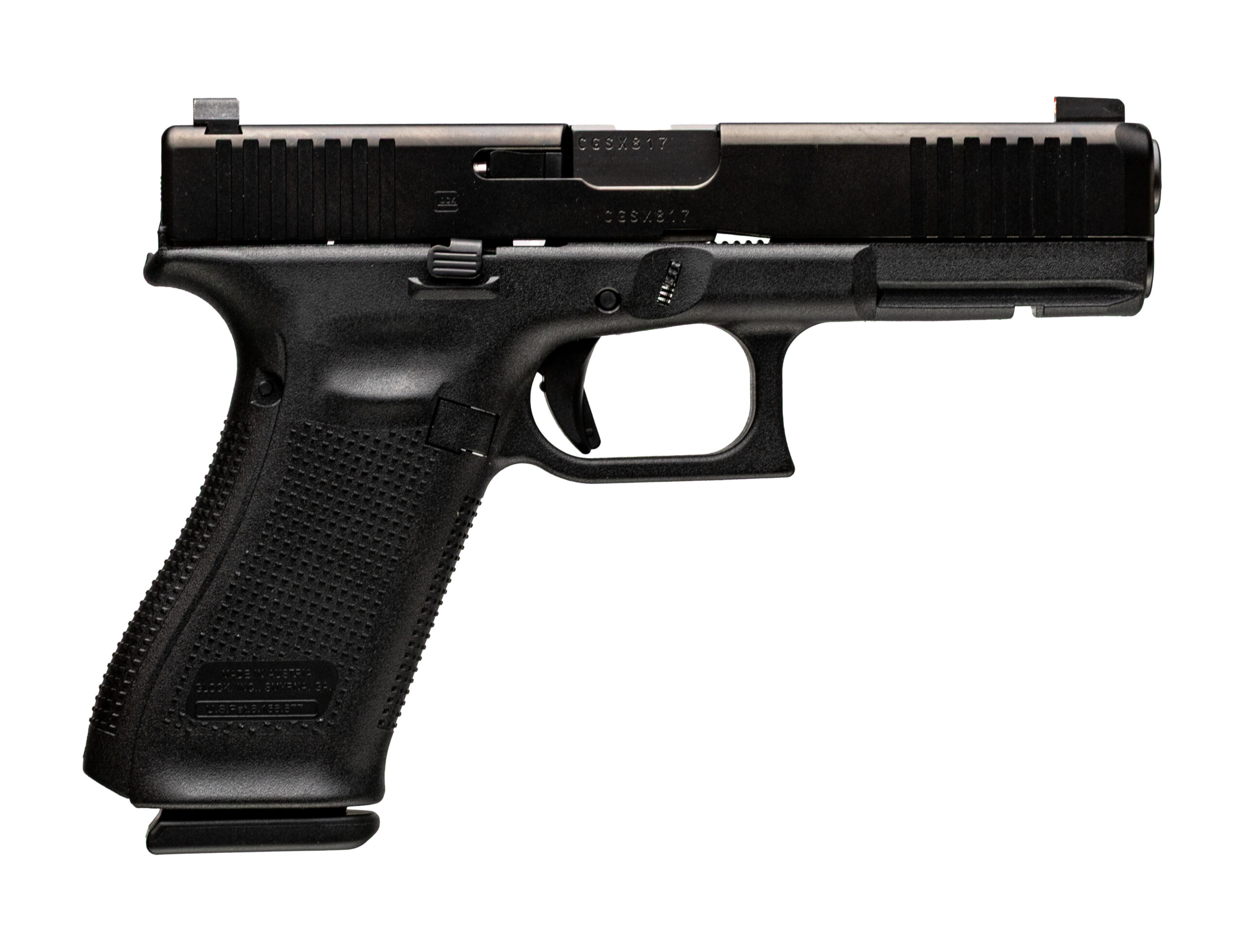 Black semi-automatic pistol on a white background.