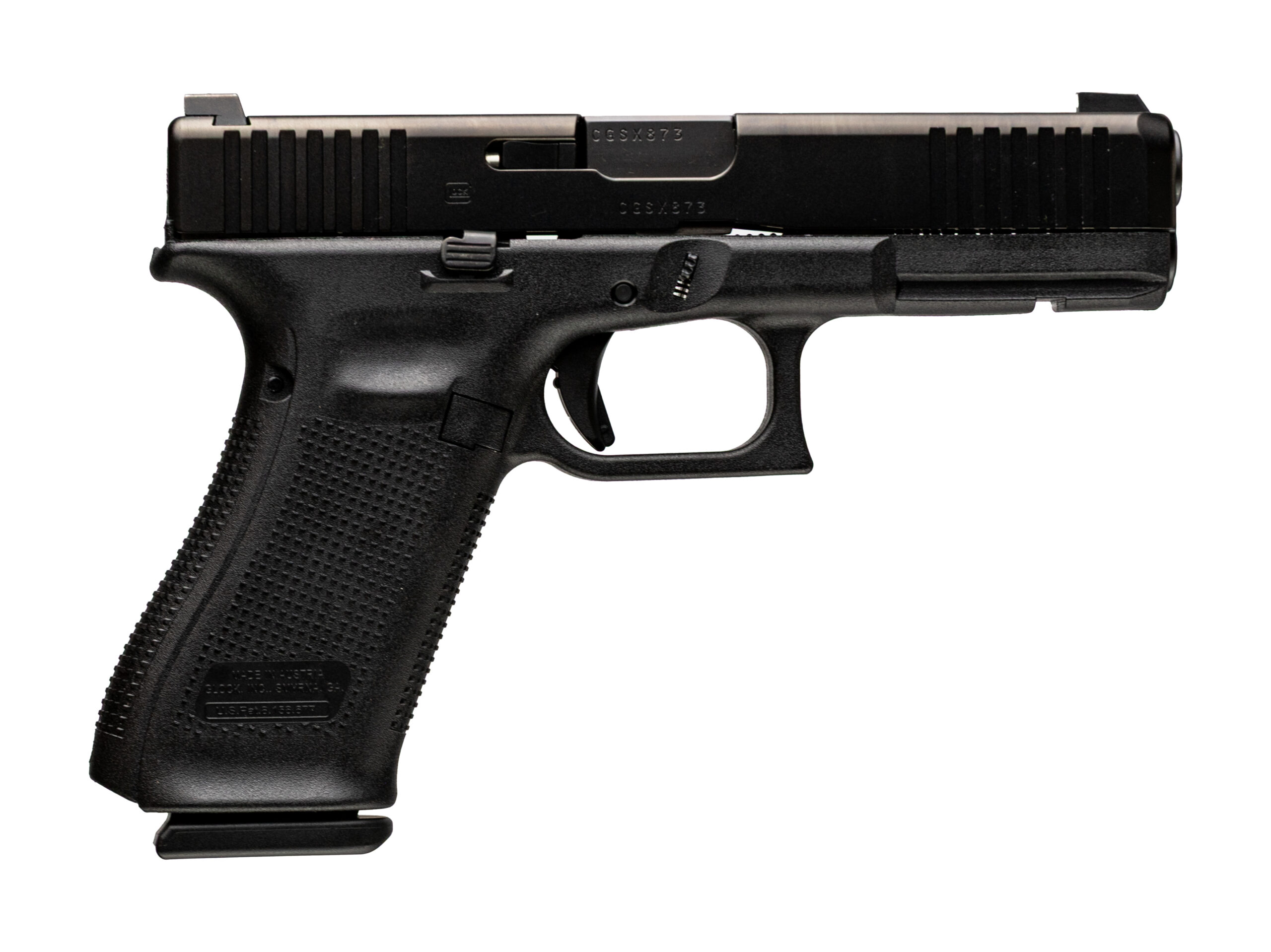 Black handgun on a white background