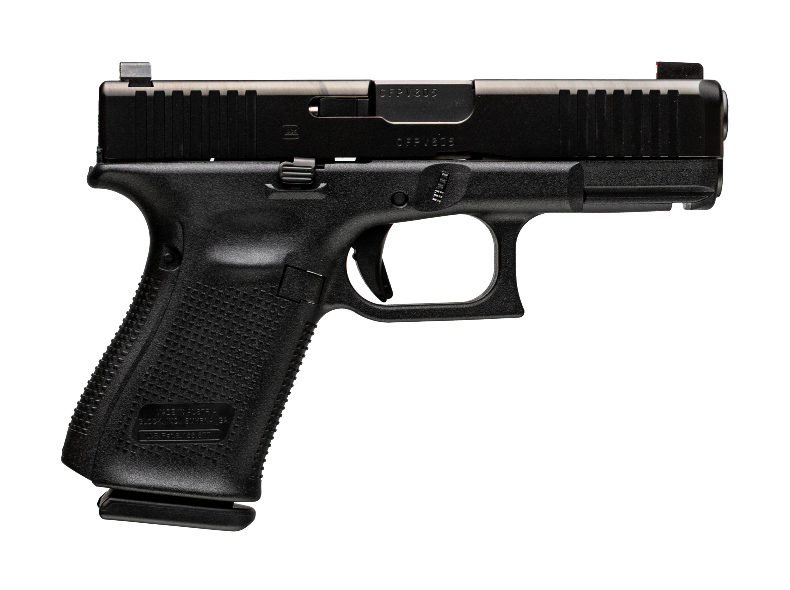 Black semi-automatic pistol on white background