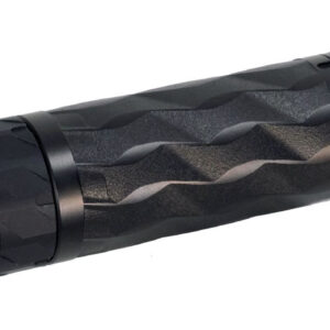 Black firearm suppressor with textured cylindrical design