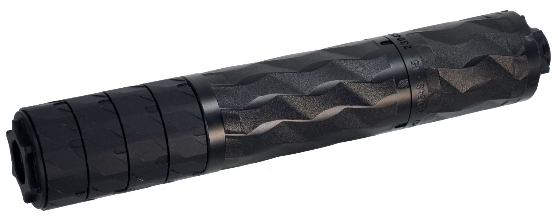 Black firearm suppressor with textured cylindrical design