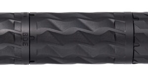 Black textured cylindrical firearm suppressor on white background