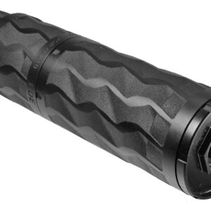 Black cylindrical firearm suppressor with textured grip design