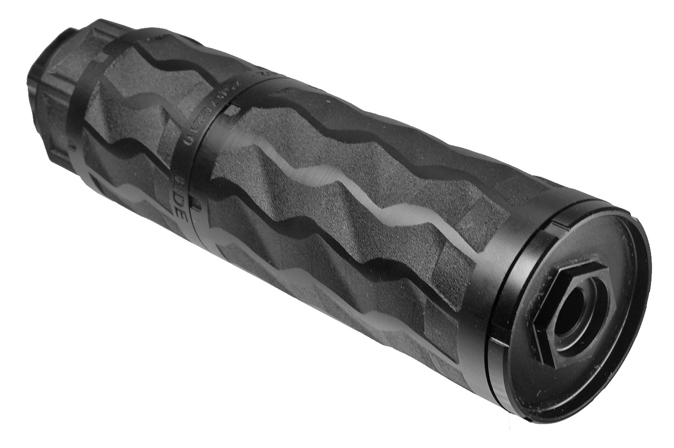 Black cylindrical firearm suppressor with textured grip design