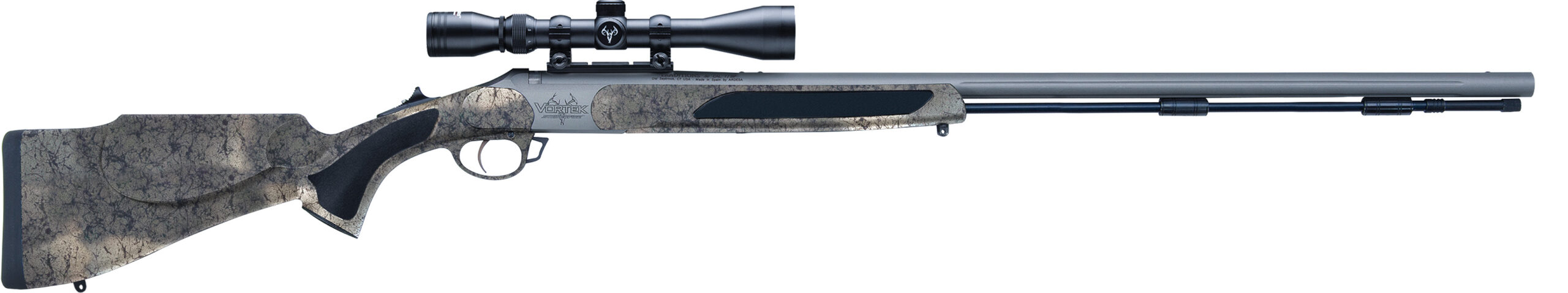 Scoped hunting rifle with camouflage stock
