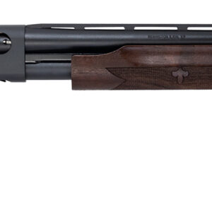 Side view of a shotgun with wooden stock.