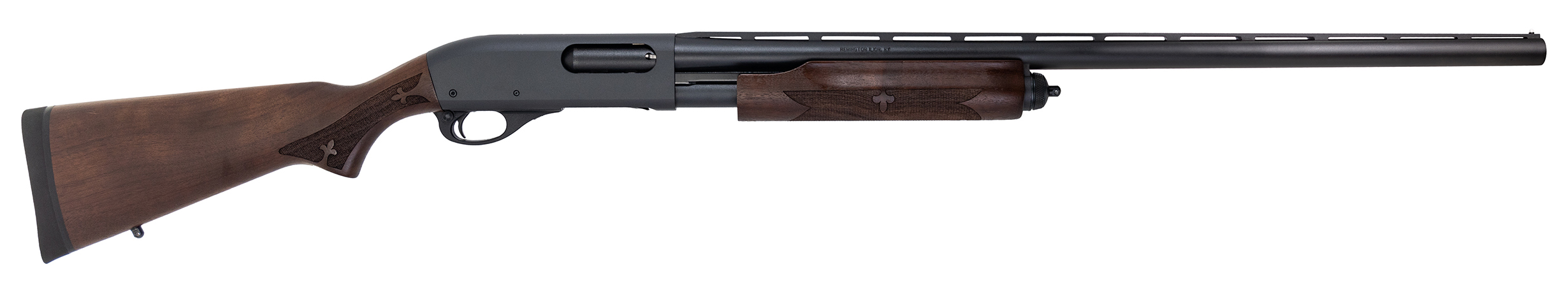 Side view of a shotgun with wooden stock.