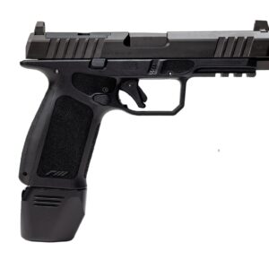 Black semi-automatic pistol with extended magazine
