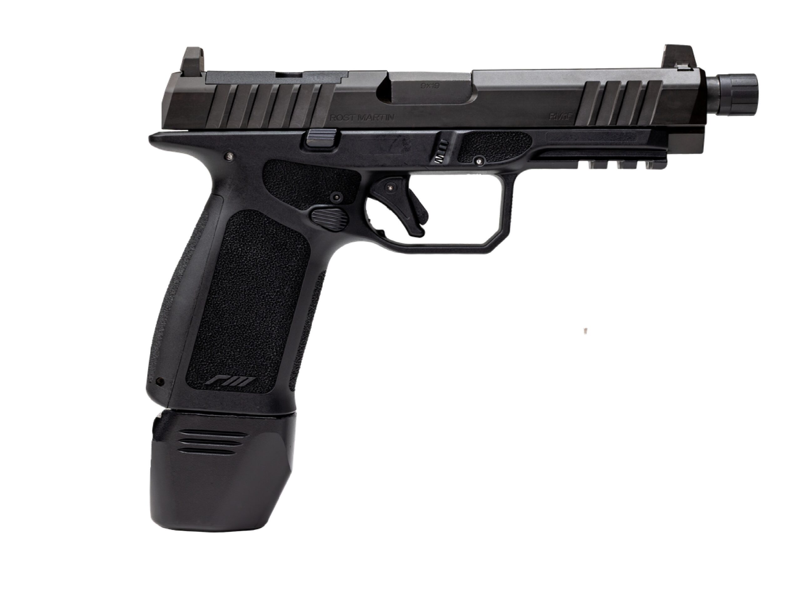Black semi-automatic pistol with extended magazine