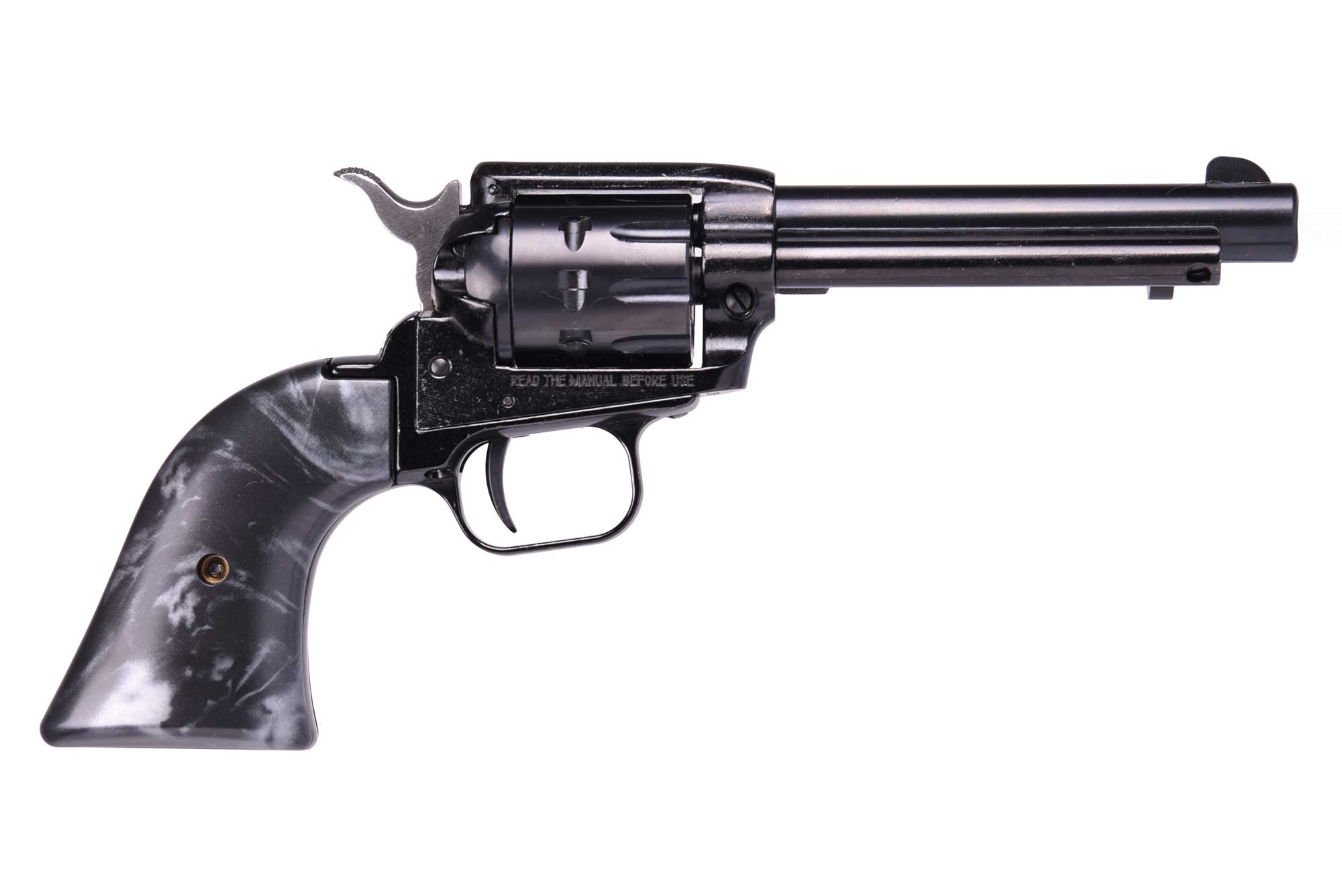 Black revolver with a gray marbled handle.