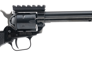 Black revolver handgun with long barrel on white